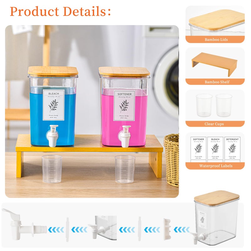 RoleDes Liquid Laundry Detergent Dispenser Set with Shelf and Bamboo Lids for Laundry Room Organization and Storage - 2 Pack 96 oz Laundry Containers for Laundry Soap, Fabric Softener - Image 4